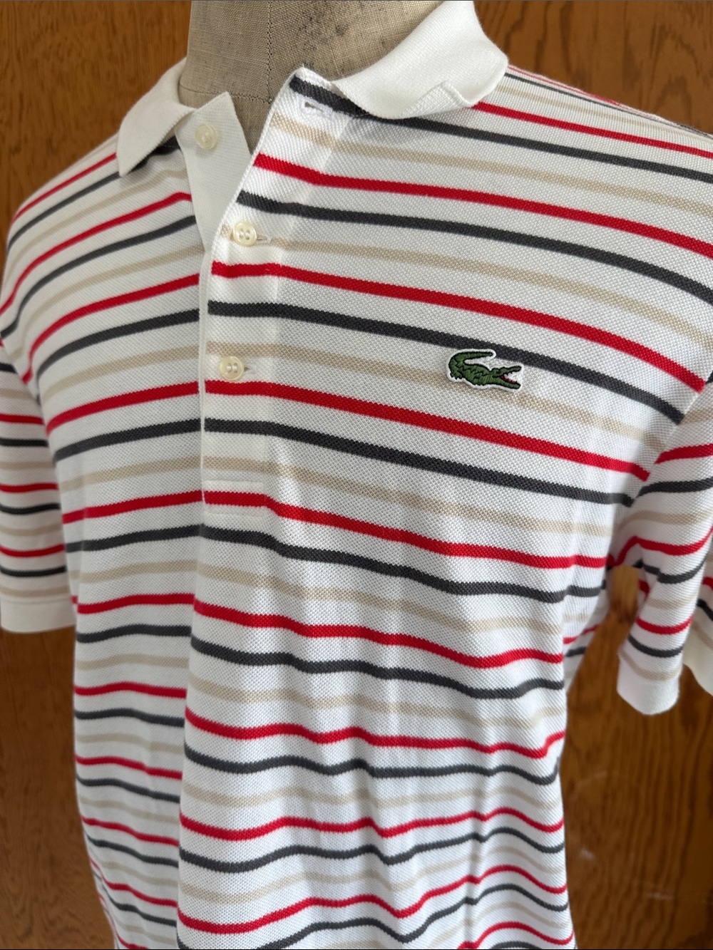 Vintage Lacoste White Polo Men’s Size 5 LARGE with Red and Black Stripes